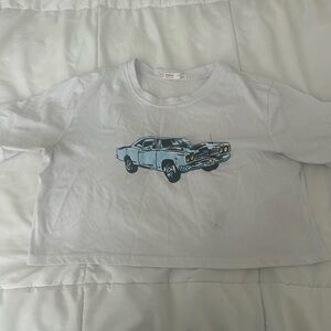White Crop Top with Vintage Car Graphic